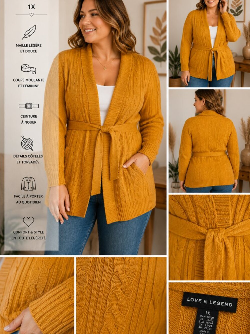 Love & Legend Mustard Cable Knit Cardigan – Plus Size 1X – Belted Cozy Sweater